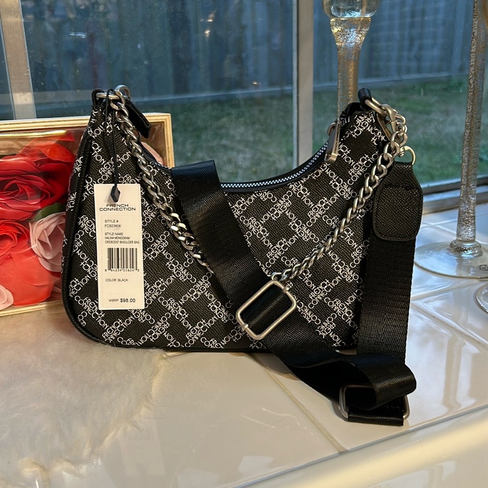 NWT French Connection Halina Monogram Crescent shoulder bag crossbody in black
